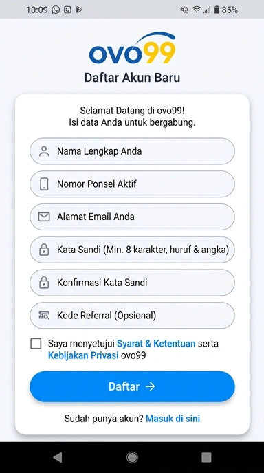 Tampilan halaman daftar ovo99